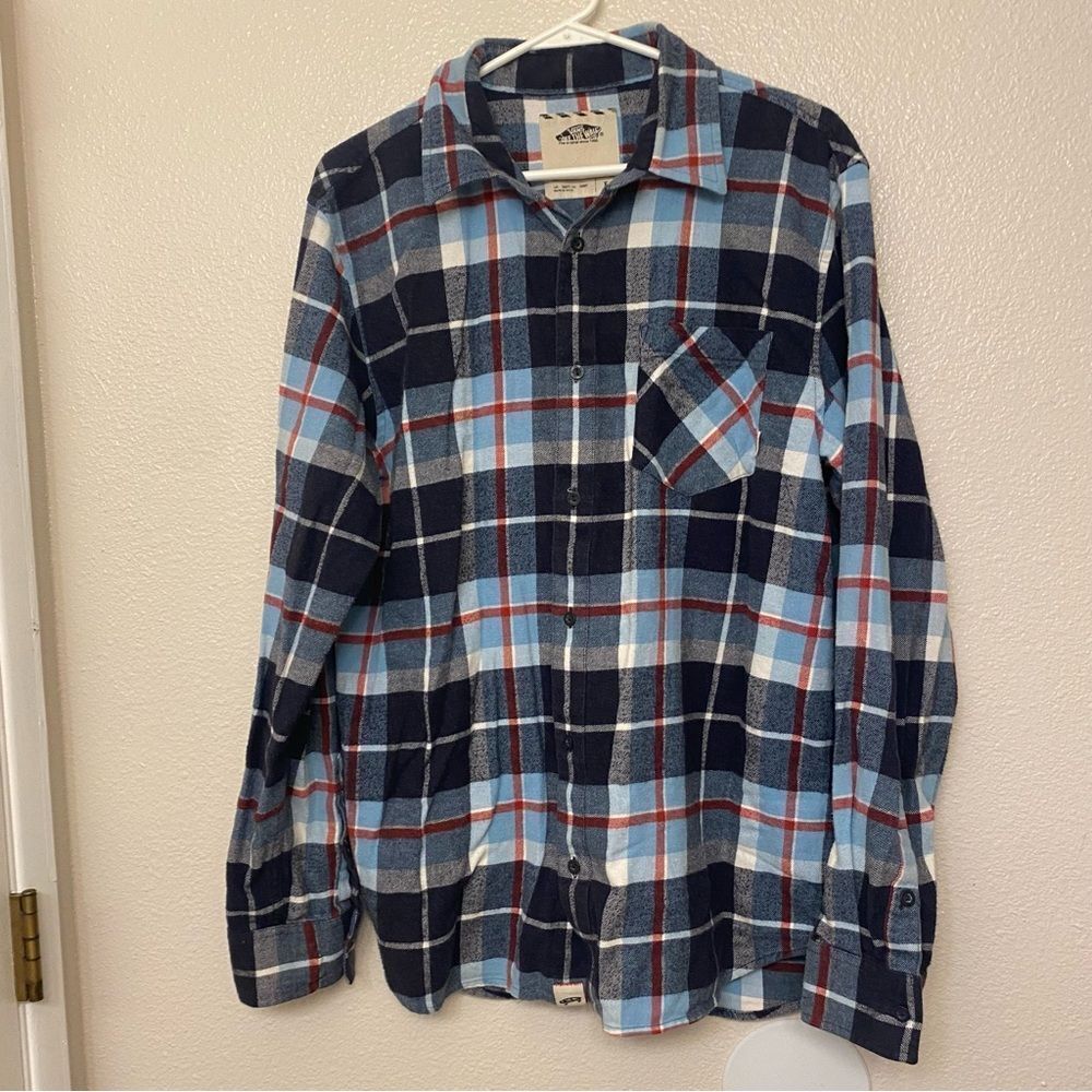 VANS blue red white Plaid Long Sleeve Flannel 100% cotton shirt mens size Large